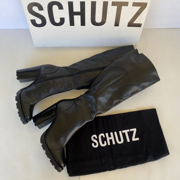 NIB SCHUTZ S-TALL BLACK LEATHER LUG SOLE KNEE HIGH BOOTS SZ 8.5 - Picture 2 of 13